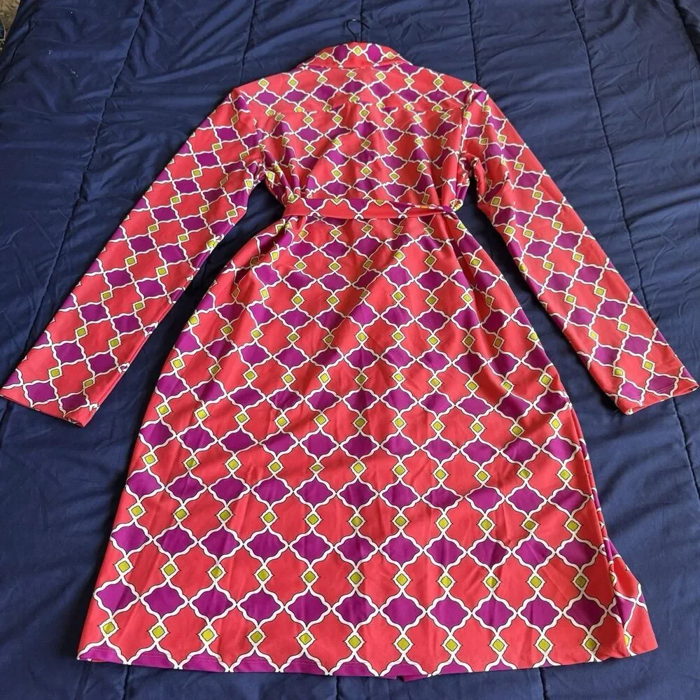 Jude Connally Moroccan Lattice shift dress Size L Red Pink Purple Geo Print Tie